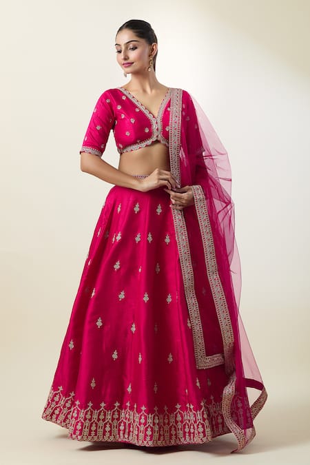 Buy Samyukta Singhania Pink Leatherette, Net, Silk Embroidery V-neck Kalidar Lehenga Set Online at Aza Fashions Buy_Samyukta Singhania_Pink Leatherette, Net, Silk Embroidery V-neck Kalidar Lehenga Set _Online_at_Aza_Fashions