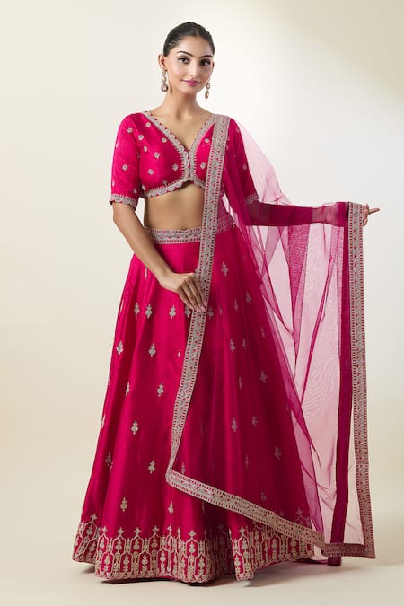 Shop Samyukta Singhania Pink Leatherette, Net, Silk Embroidery V-neck Kalidar Lehenga Set Online at Aza Fashions Shop_Samyukta Singhania_Pink Leatherette, Net, Silk Embroidery V-neck Kalidar Lehenga Set _Online_at_Aza_Fashions