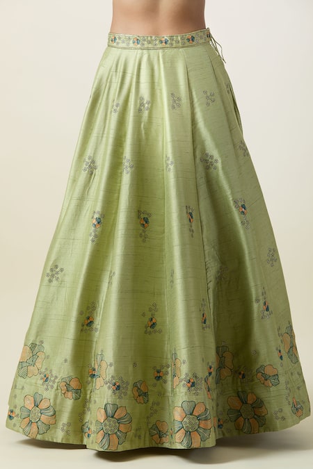 Samyukta Singhania_Green Silk, Net Embroidery High Neck Floral Kalidar Lehenga Set _Online_at_Aza_Fashions