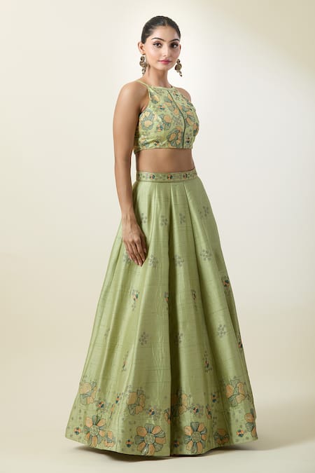 Buy_Samyukta Singhania_Green Silk, Net Embroidery High Neck Floral Kalidar Lehenga Set _Online_at_Aza_Fashions