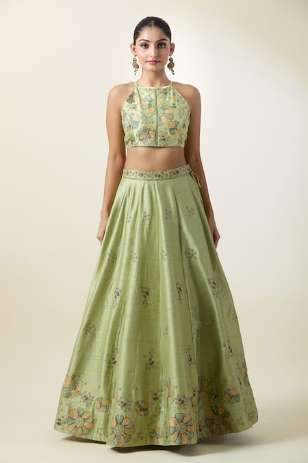 Shop_Samyukta Singhania_Green Silk, Net Embroidery High Neck Floral Kalidar Lehenga Set _Online_at_Aza_Fashions