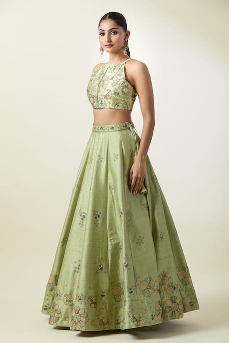 Samyukta Singhania_Green Silk, Net Embroidery High Neck Floral Kalidar Lehenga Set _at_Aza_Fashions