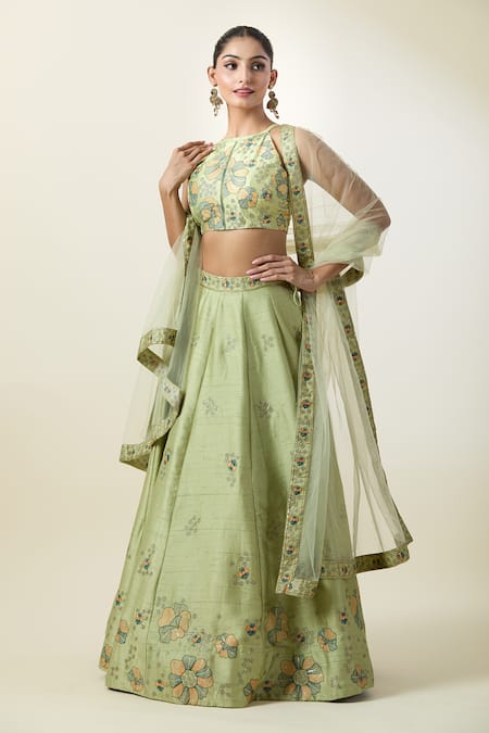 Buy_Samyukta Singhania_Green Silk, Net Embroidery High Neck Floral Kalidar Lehenga Set 