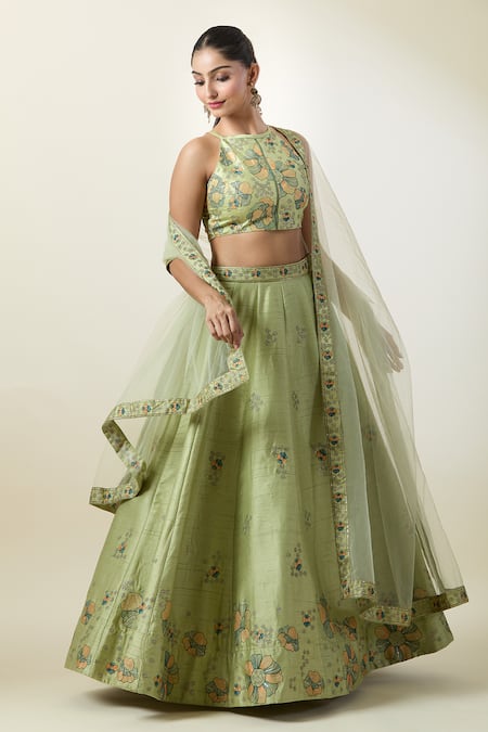 Shop_Samyukta Singhania_Green Silk, Net Embroidery High Neck Floral Kalidar Lehenga Set 