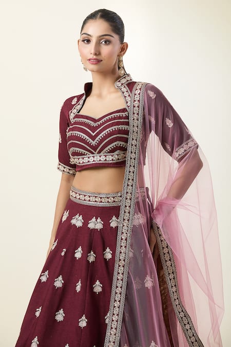 Buy_Samyukta Singhania_Wine Silk, Net Embroidery Sweetheart Neck Floral Kalidar Lehenga Blouse Set _Online_at_Aza_Fashions