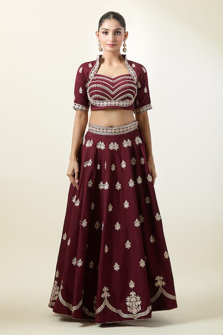 Shop_Samyukta Singhania_Wine Silk, Net Embroidery Sweetheart Neck Floral Kalidar Lehenga Blouse Set _Online_at_Aza_Fashions