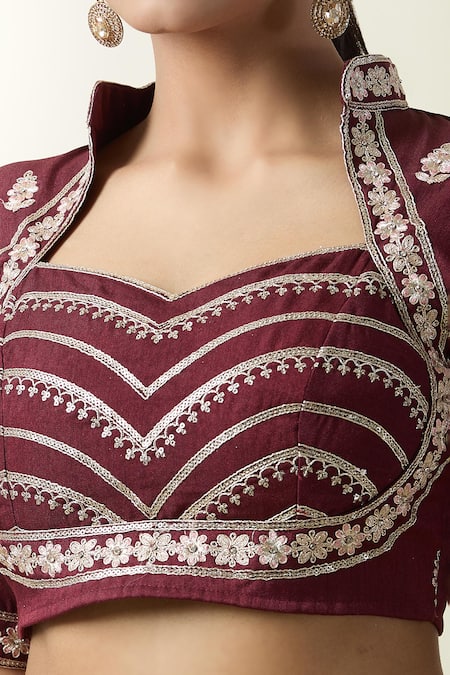 Samyukta Singhania_Wine Silk, Net Embroidery Sweetheart Neck Floral Kalidar Lehenga Blouse Set _at_Aza_Fashions