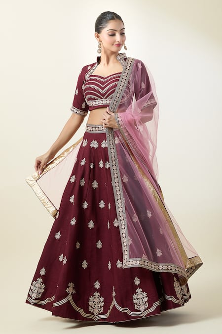 Buy_Samyukta Singhania_Wine Silk, Net Embroidery Sweetheart Neck Floral Kalidar Lehenga Blouse Set 