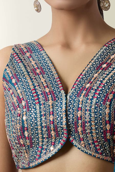 Buy Samyukta Singhania Blue Silk, Net Embroidery V-neck Geometric Pattern Lehenga Set Online at Aza Fashions Buy_Samyukta Singhania_Blue Silk, Net Embroidery V-neck Geometric Pattern Lehenga Set _Online_at_Aza_Fashions