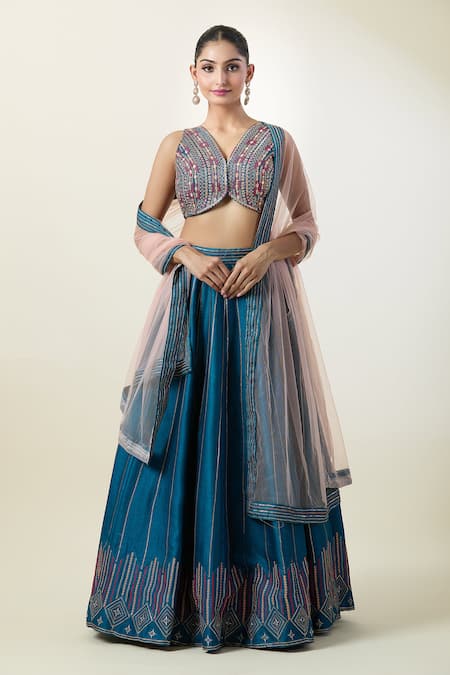 Samyukta Singhania Blue Silk, Net Embroidery V-neck Geometric Pattern Lehenga Set at Aza Fashions Samyukta Singhania_Blue Silk, Net Embroidery V-neck Geometric Pattern Lehenga Set _at_Aza_Fashions