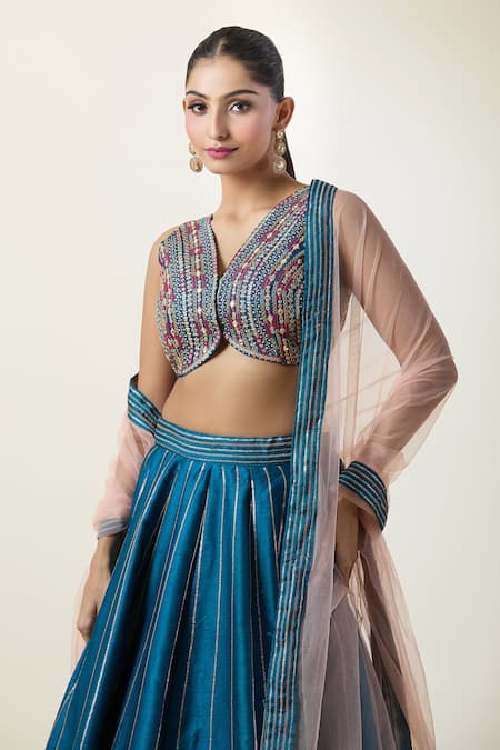Buy Samyukta Singhania Blue Silk, Net Embroidery V-neck Geometric Pattern Lehenga Set Buy_Samyukta Singhania_Blue Silk, Net Embroidery V-neck Geometric Pattern Lehenga Set