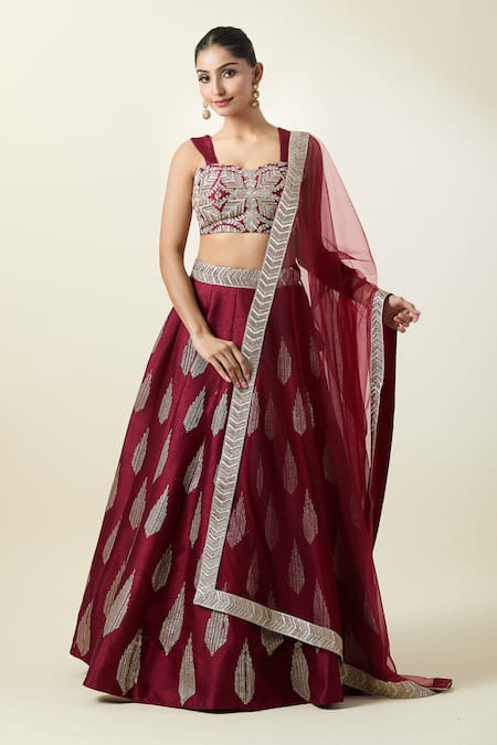 Samyukta Singhania Wine Lehenga And Blouse Art Silk Embroidered Thread Geometric Pattern Set 