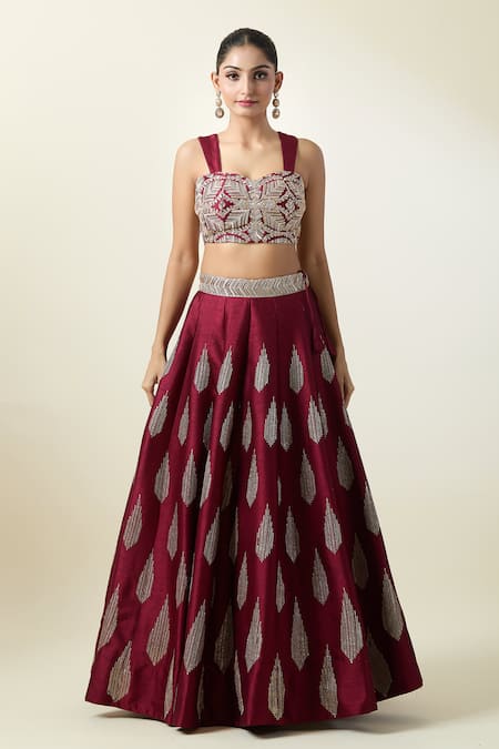 Buy Samyukta Singhania Wine Silk, Net Embroidery Sweetheart Neck Geometric Pattern Lehenga Blouse Set Online at Aza Fashions Buy_Samyukta Singhania_Wine Silk, Net Embroidery Sweetheart Neck Geometric Pattern Lehenga Blouse Set _Online_at_Aza_Fashions