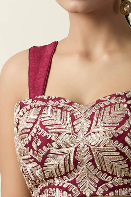 Shop Samyukta Singhania Wine Silk, Net Embroidery Sweetheart Neck Geometric Pattern Lehenga Blouse Set Online at Aza Fashions Shop_Samyukta Singhania_Wine Silk, Net Embroidery Sweetheart Neck Geometric Pattern Lehenga Blouse Set _Online_at_Aza_Fashions