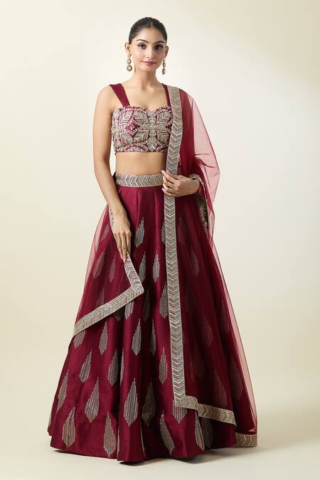 Samyukta Singhania Wine Silk, Net Embroidery Sweetheart Neck Geometric Pattern Lehenga Blouse Set at Aza Fashions Samyukta Singhania_Wine Silk, Net Embroidery Sweetheart Neck Geometric Pattern Lehenga Blouse Set _at_Aza_Fashions