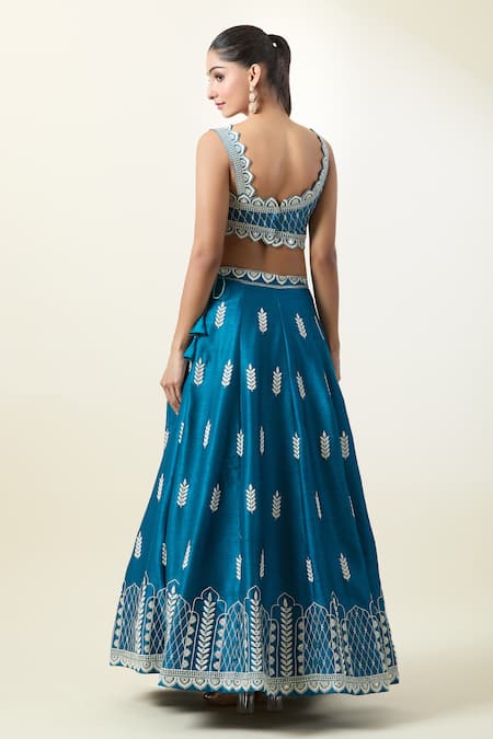 Samyukta Singhania Teal Blue Leaf Pattern Lehenga Set 
