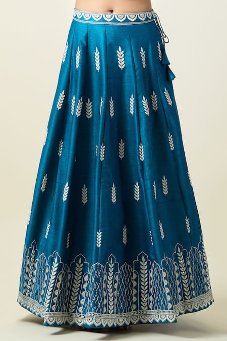 Buy Samyukta Singhania Teal Silk, Net Embroidery Asymmetric Blue Leaf Pattern Lehenga Set Online at Aza Fashions Buy_Samyukta Singhania_Teal Silk, Net Embroidery Asymmetric Blue Leaf Pattern Lehenga Set _Online_at_Aza_Fashions
