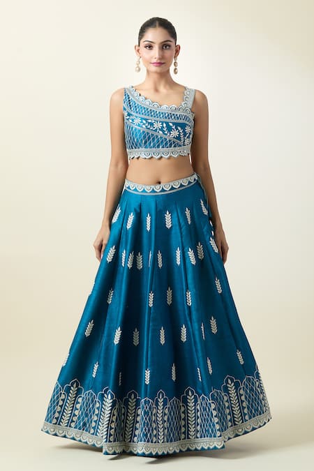 Shop Samyukta Singhania Teal Silk, Net Embroidery Asymmetric Blue Leaf Pattern Lehenga Set Online at Aza Fashions Shop_Samyukta Singhania_Teal Silk, Net Embroidery Asymmetric Blue Leaf Pattern Lehenga Set _Online_at_Aza_Fashions
