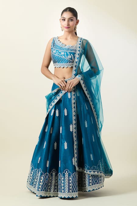 Samyukta Singhania Teal Silk, Net Embroidery Asymmetric Blue Leaf Pattern Lehenga Set at Aza Fashions Samyukta Singhania_Teal Silk, Net Embroidery Asymmetric Blue Leaf Pattern Lehenga Set _at_Aza_Fashions