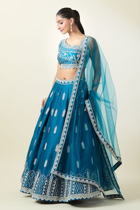 Buy Samyukta Singhania Teal Silk, Net Embroidery Asymmetric Blue Leaf Pattern Lehenga Set Buy_Samyukta Singhania_Teal Silk, Net Embroidery Asymmetric Blue Leaf Pattern Lehenga Set