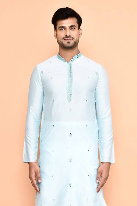 Buy_Arihant Rai Sinha_Blue Silk Mirrors, Embroidery Kurta And Off-white Dhoti Pant Set _Online_at_Aza_Fashions