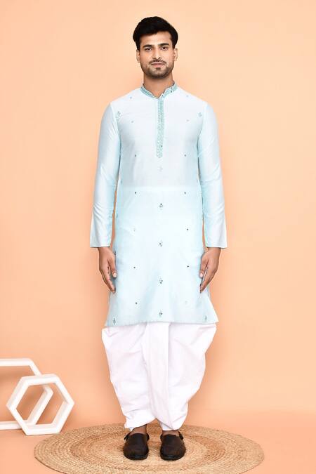 Shop_Arihant Rai Sinha_Blue Silk Mirrors, Embroidery Kurta And Off-white Dhoti Pant Set _Online_at_Aza_Fashions