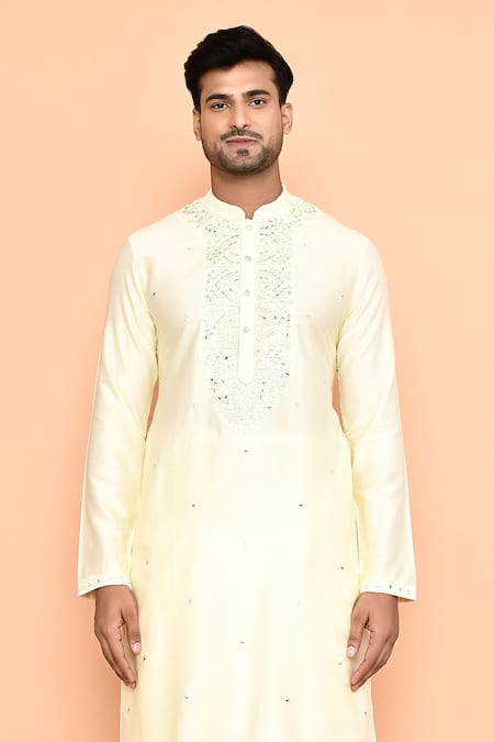 Buy_Arihant Rai Sinha_Yellow , Chanderi Mirrors, Embroidery Kurta And Cream Dhoti Pant Set _Online_at_Aza_Fashions