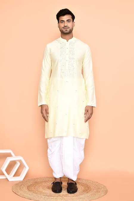 Shop_Arihant Rai Sinha_Yellow , Chanderi Mirrors, Embroidery Kurta And Cream Dhoti Pant Set _Online_at_Aza_Fashions