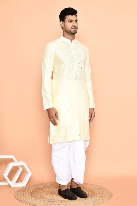 Arihant Rai Sinha_Yellow , Chanderi Mirrors, Embroidery Kurta And Cream Dhoti Pant Set _at_Aza_Fashions