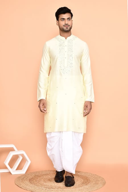 Buy_Arihant Rai Sinha_Yellow , Chanderi Mirrors, Embroidery Kurta And Cream Dhoti Pant Set 