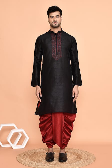 Buy_Arihant Rai Sinha_Black Silk Embroidery Kurta And Maroon Dhoti Pant Set _Online_at_Aza_Fashions