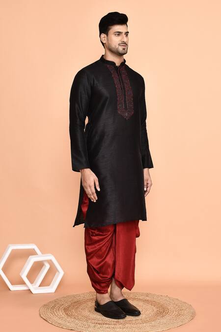 Shop_Arihant Rai Sinha_Black Silk Embroidery Kurta And Maroon Dhoti Pant Set _Online_at_Aza_Fashions