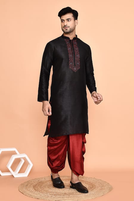 Arihant Rai Sinha_Black Silk Embroidery Kurta And Maroon Dhoti Pant Set _at_Aza_Fashions