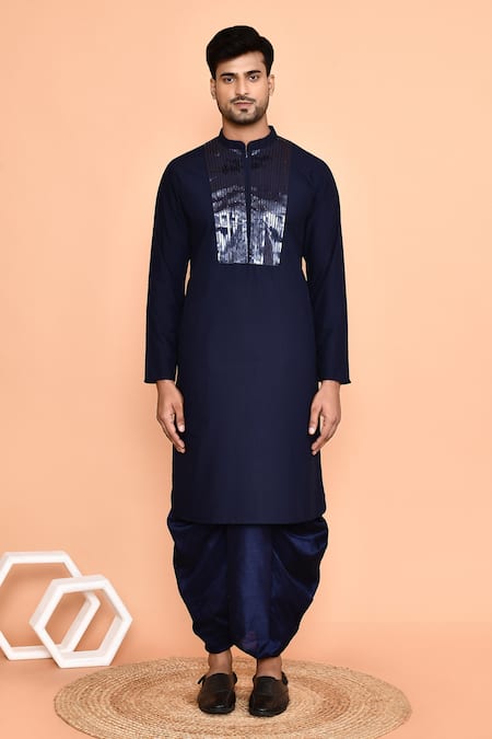 Shop_Arihant Rai Sinha_Blue Cotton, Silk Embroidery Kurta And Off-white Dhoti Pant Set_Online_at_Aza_Fashions