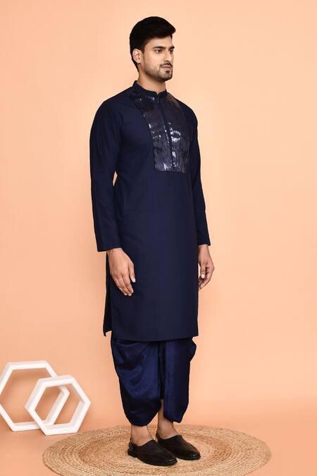 Arihant Rai Sinha_Blue Cotton, Silk Embroidery Kurta And Off-white Dhoti Pant Set_at_Aza_Fashions