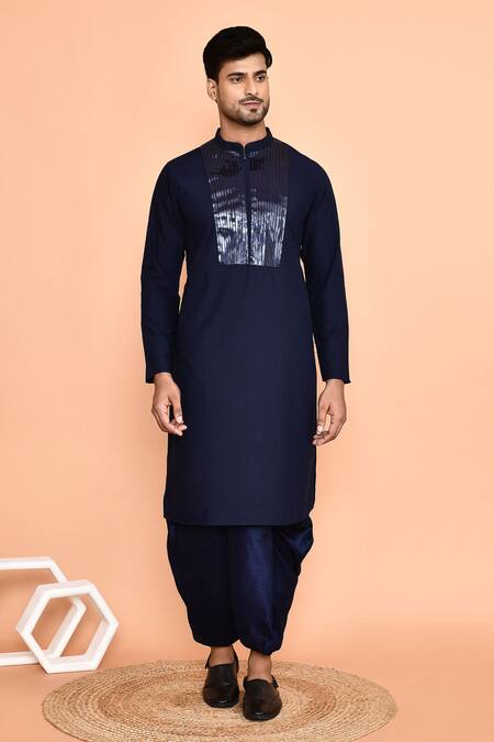 Buy_Arihant Rai Sinha_Blue Cotton, Silk Embroidery Kurta And Off-white Dhoti Pant Set