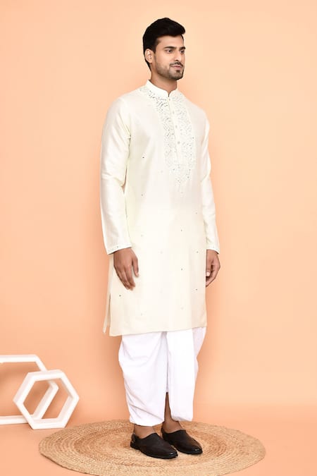 Arihant Rai Sinha_Cream , Satin Mirrors, Embroidery Kurta And Dhoti Pant Set_at_Aza_Fashions