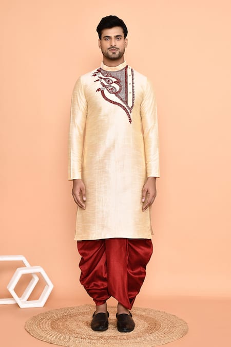 Shop_Arihant Rai Sinha_Beige Silk Embroidery Kurta And Red Dhoti Pant Set_Online_at_Aza_Fashions