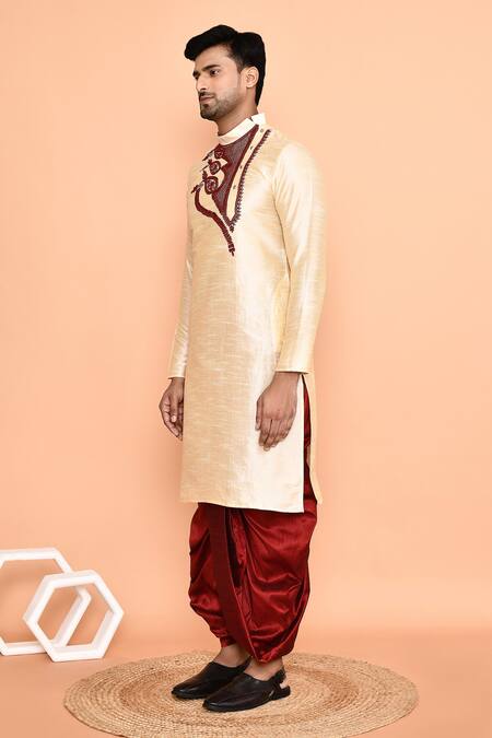 Arihant Rai Sinha_Beige Silk Embroidery Kurta And Red Dhoti Pant Set_at_Aza_Fashions