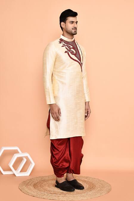 Buy_Arihant Rai Sinha_Beige Silk Embroidery Kurta And Red Dhoti Pant Set