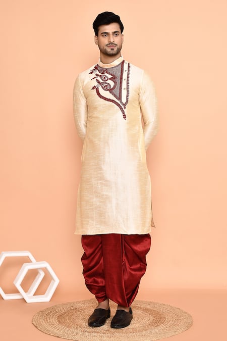 Shop_Arihant Rai Sinha_Beige Silk Embroidery Kurta And Red Dhoti Pant Set