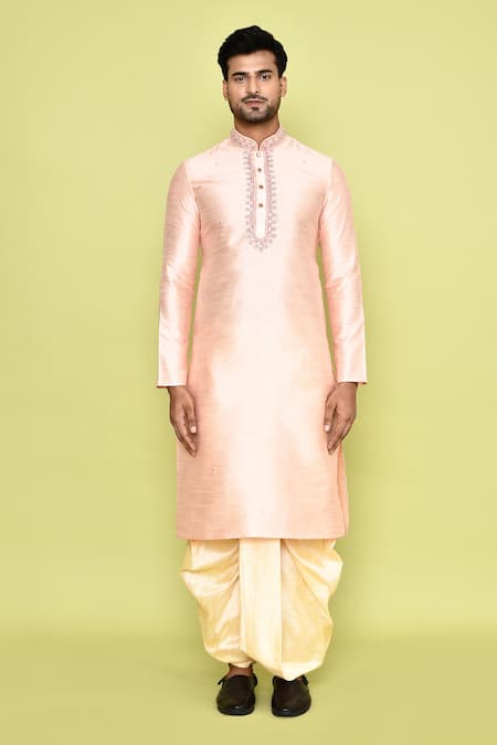 Arihant Rai Sinha_Pink Silk Embroidery Mirror Kurta And Cream Dhoti Pant Set_at_Aza_Fashions