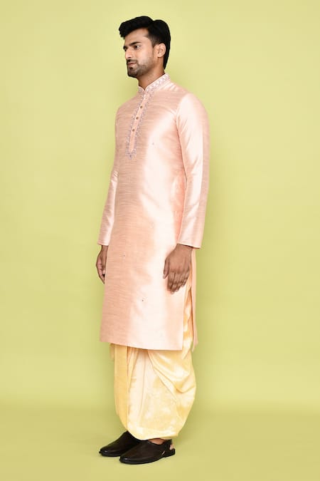Buy_Arihant Rai Sinha_Pink Silk Embroidery Mirror Kurta And Cream Dhoti Pant Set