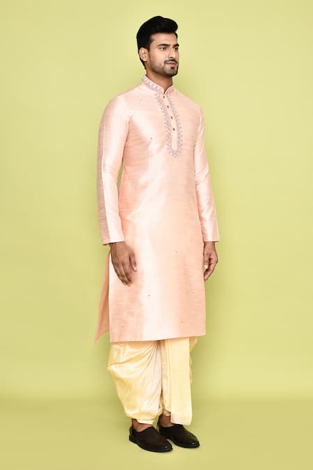 Shop_Arihant Rai Sinha_Pink Silk Embroidery Mirror Kurta And Cream Dhoti Pant Set