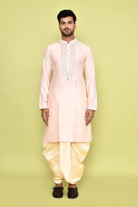 Buy_Arihant Rai Sinha_Pink Silk Mirrors, Embroidery Work Kurta And Cream Dhoti Pant Set _Online_at_Aza_Fashions