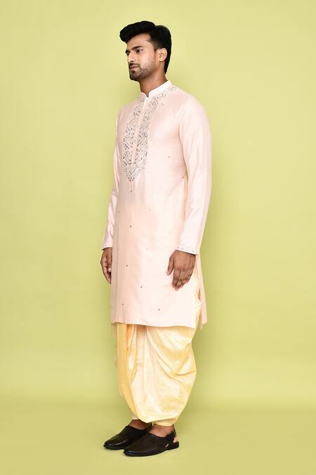 Shop_Arihant Rai Sinha_Pink Silk Mirrors, Embroidery Work Kurta And Cream Dhoti Pant Set _Online_at_Aza_Fashions