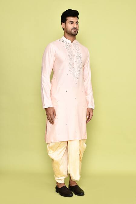 Arihant Rai Sinha_Pink Silk Mirrors, Embroidery Work Kurta And Cream Dhoti Pant Set _at_Aza_Fashions