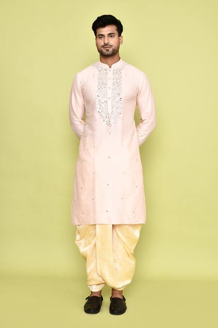 Buy_Arihant Rai Sinha_Pink Silk Mirrors, Embroidery Work Kurta And Cream Dhoti Pant Set 