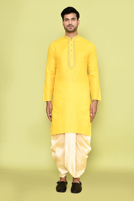 Arihant Rai Sinha_Yellow Cotton, Silk Embroidery Kurta And Beige Dhoti Pant Set_at_Aza_Fashions