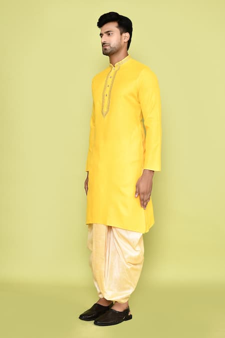 Buy_Arihant Rai Sinha_Yellow Cotton, Silk Embroidery Kurta And Beige Dhoti Pant Set